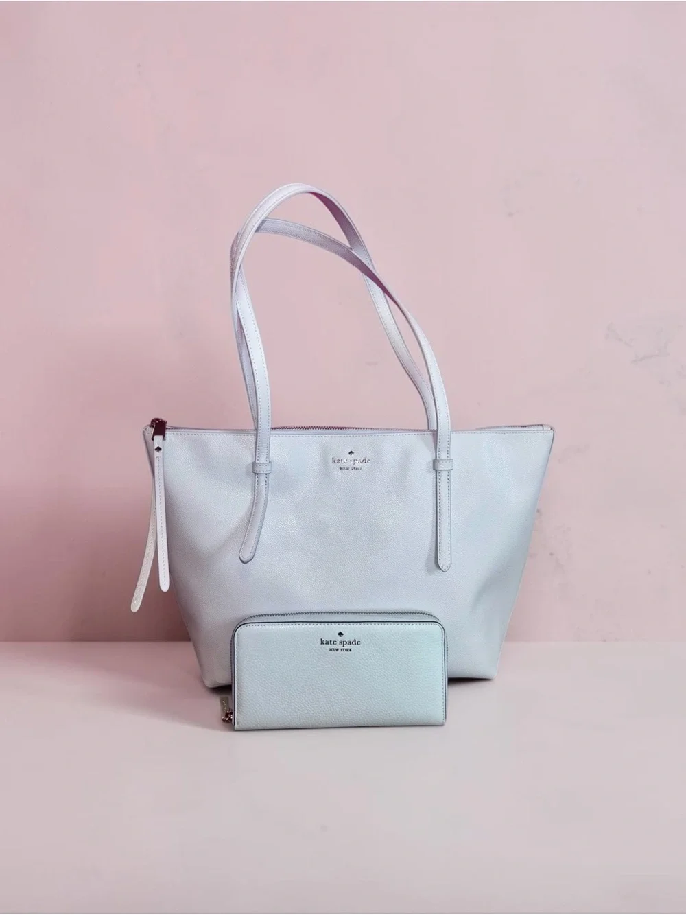 Kate Spade pale blue leather tote & pebbled leather wallet Duo NWT! MSRP $638!